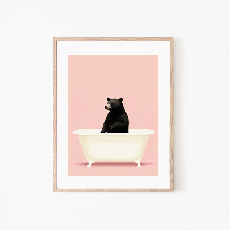 Bear in a Bathtub Pastel Pink, Retro Vintage Art Print, Animal Art, Kids Room Decor, Whimsical Theme, Instant Download image 5