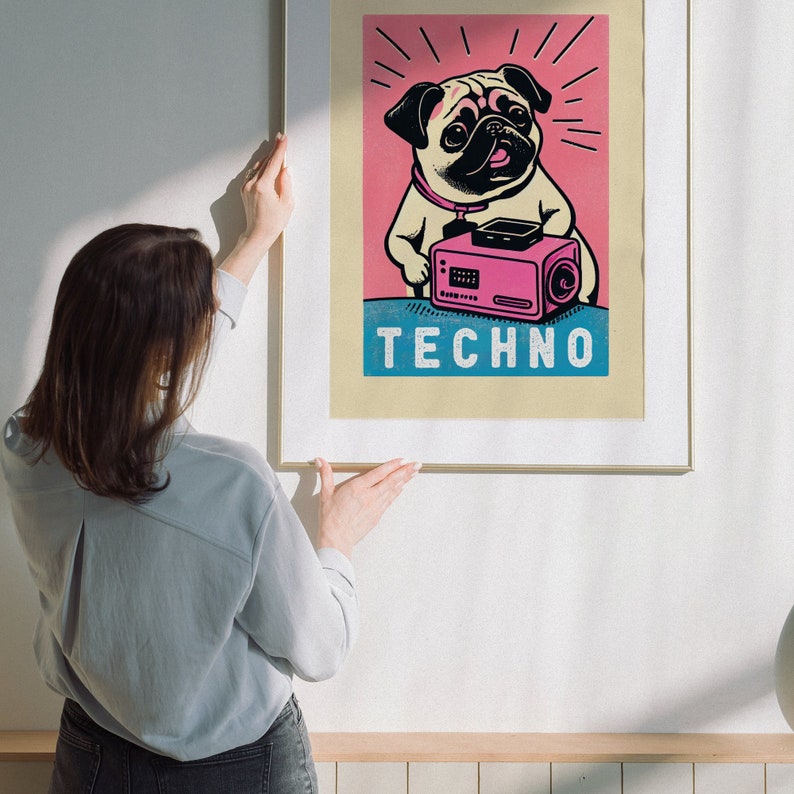 Techno Retro Pug Art Print Black and White Dog Print Techno Music Wall Decor Dog Lover Gift Rave Pug Dog Lover Retro Art Print image 1