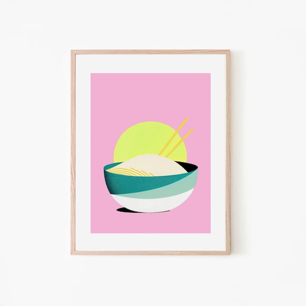 Tazón de arroz de Japón / Cartel retro del amanecer rosa / Arte de la pared rosa / Cartel de serigrafía Riso / Tazón de arroz / Arte japonés de comida / Cartel de comida