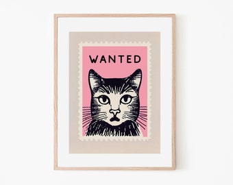 Poster retrò con francobollo vintage Pink Cat Wanted / Arte da parete rosa / Regalo per gli amanti dei gatti / Arredamento vintage Boho / Arte vintage