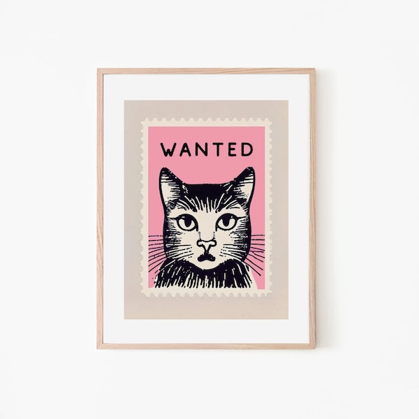 affiche rétro vintage de timbre de chat rose voulu | Art mural rose | Cadeau pour les amoureux des chats | Décor vintage bohème | millésime