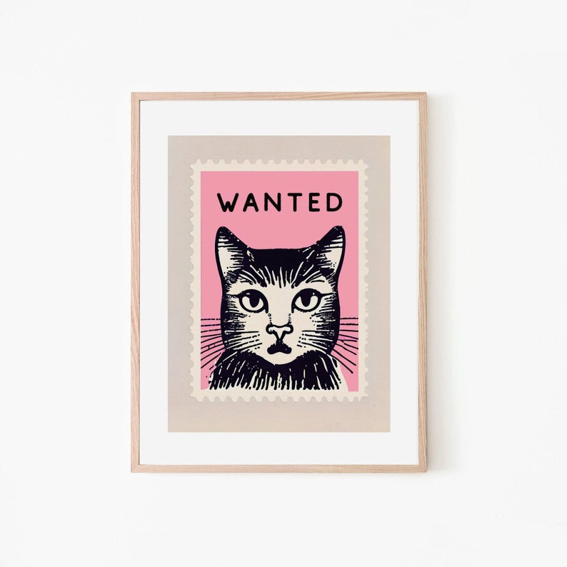 Vintage Pink Cat Wanted Stamp Retro Poster Pink Wall Art Gift for Cat Lovers Boho Vintage Decor Vintage Art image 1