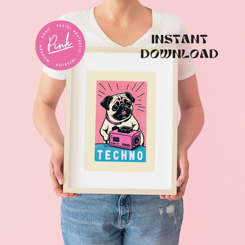 Techno Retro Pug Art Print Black and White Dog Print Techno Music Wall Decor Dog Lover Gift Rave Pug Dog Lover Retro Art Print image 9