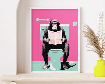 Monkey Poster | Toilet Reading in Minimalism | Funny Bathroom Print | Minimalist Art | Bathroom Decor | Funny Wall Art | Digital Print