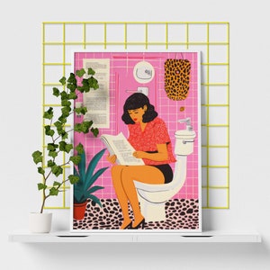 Jungle Girls Toilet Poster, Funny Woman Reading Newspaper, Art Print, Vintage Retro Style, Bathroom Humor Theme, Whimsical Wall Art