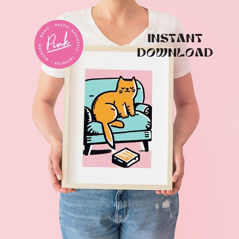 Adorable Tabby Lounging Feline Comfort Retro Poster Cat Lover Gift Vintage Art Tabby Cat Cozy Wall Art Animal Poster Pink Art image 9