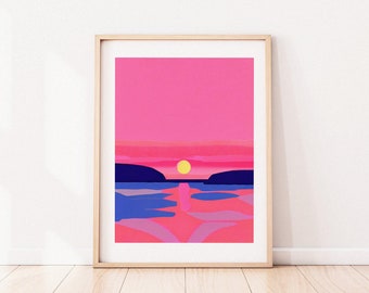 Sunset Henri Matisse inspired Minimalist Evening Retro Poster | Pastel Colors | Pastel Aesthetic | Beach Poster | Pink Sunset | Ocean Theme