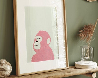 Pink Ape Print Minimalist Retro Poster Wall Art | Ape Face Pink | Cute Animal Print Wall Art Printable 11x17 poster