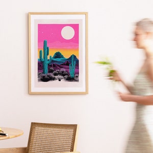 Riso Cactus Art Print, Psychedelic Sunset, Vintage Art, Retro Wall Hanging, Bohemian Living Room, Desert Theme, Digital Download image 9