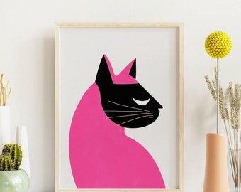 Pink Grey Mystic Cat | Retro Poster | Katzen Wandkunst | Katze Poster | Katzen Druck | Katzenliebhaber Geschenk | Vintage Katzen Poster