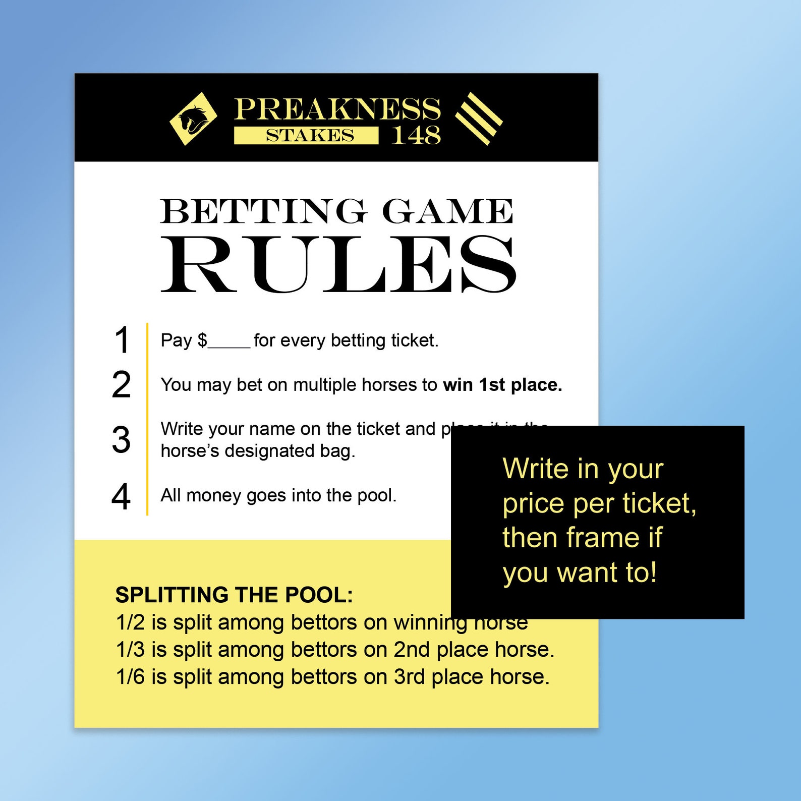 Printable Preakness Betting Game for Preakness Party Derby Horse Racing ...