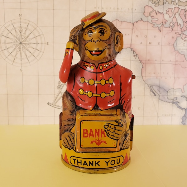 Vintage J Chein 1940's to 1950's Tin Litho Monkey Bank with Tipping Hat