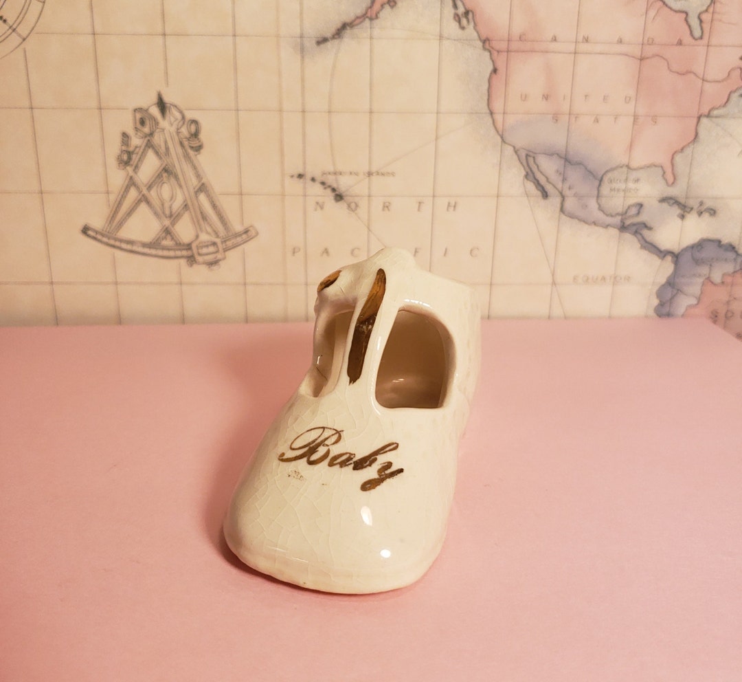 Vintage Porcelain Ivory Ceramic Baby Shoe With Gold Trim Etsy
