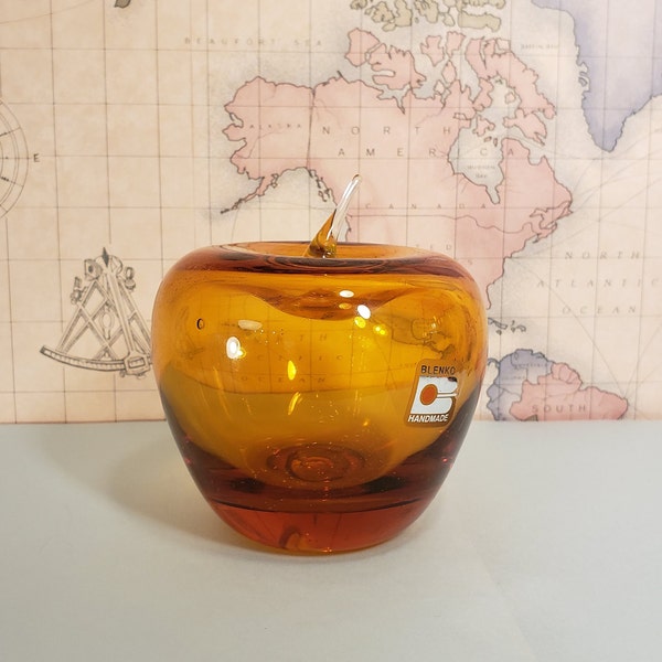 Vintage 1980's Blenko Topaz Hand Blown Glass Apple with Original Label