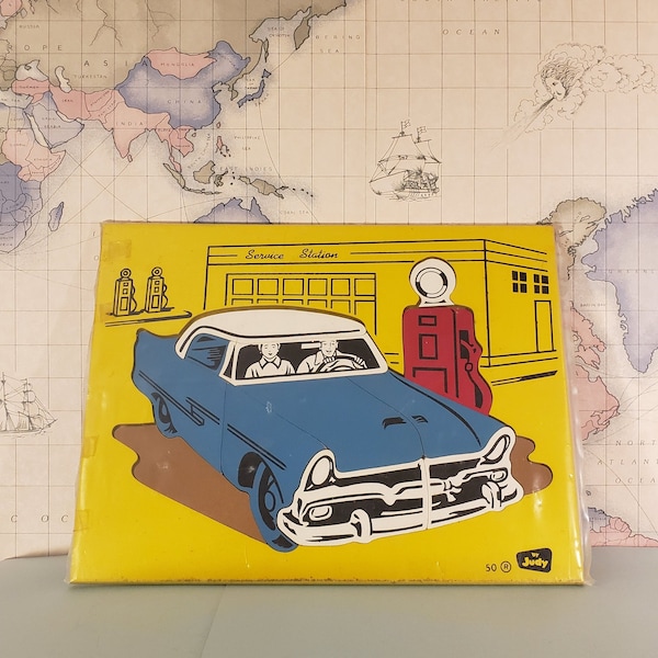 Vintage 1956 Plymouth at Gas Station Pump Judy Wooden Puzzle
