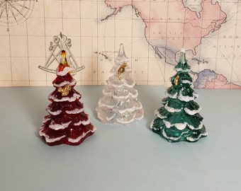 Set of Vintage Fenton 3" Flocked Glass Christmas Trees with Gold Birds and Bow