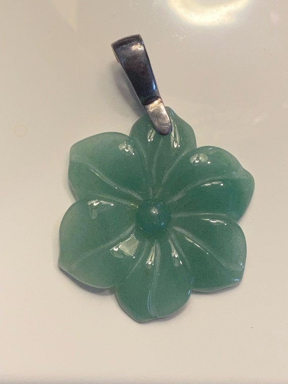 Vintage Carved Jade and Silver Plumeria Pendant