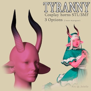 Puede incluir: Ilustración digital que muestra cuernos de cosplay y un diseño de personaje. La imagen presenta una cabeza de modelo 3D rosa con cuernos y un personaje sentado con cuernos, vistiendo un vestido verde. El texto dice "TYRANNY, Cosplay horns STL/3MF, 3 Options."