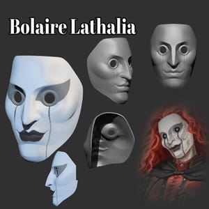 Może przedstawiać: Asortyment białych i szarych masek o stylizowanym designie, z akcentami łez i tekstem "Bolaire Lathalia". Jedna maska to szczegółowa ilustracja osoby z rudymi włosami i czarną peleryną.