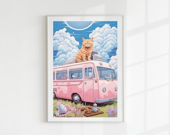 Cat wall art, RV travel wall art, Fantasy prints, Colourful decor, Cat print, Pink wall art, Blue wall art, Sky prints, Digital prints