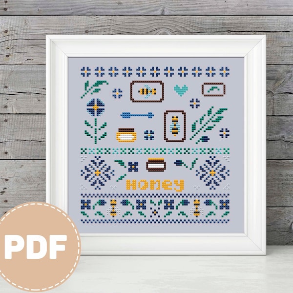 Honey Sampler Cross Stitch Pattern Bee Cross Stitch Insect Cross Stitch Honey Cross Stitch Primitive Embroidery Instant Download PDF