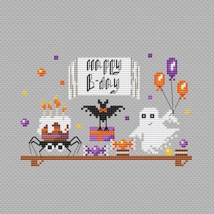 Happy Birthday Halloween Cross Stitch Pattern, Ghost, Bat (PDF Pattern)