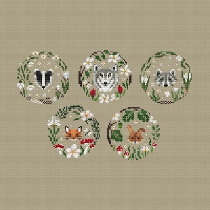 Spring Wreaths SET of 5 Cross Stitch Patterns Animals Cross Stitch Spring Cross Stitch Primitive Embroidery Instant Download PDF