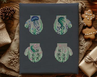 Undersea World Mittens Cross Stitch Pattern: Seahorse, Jellyfish (PDF Pattern)