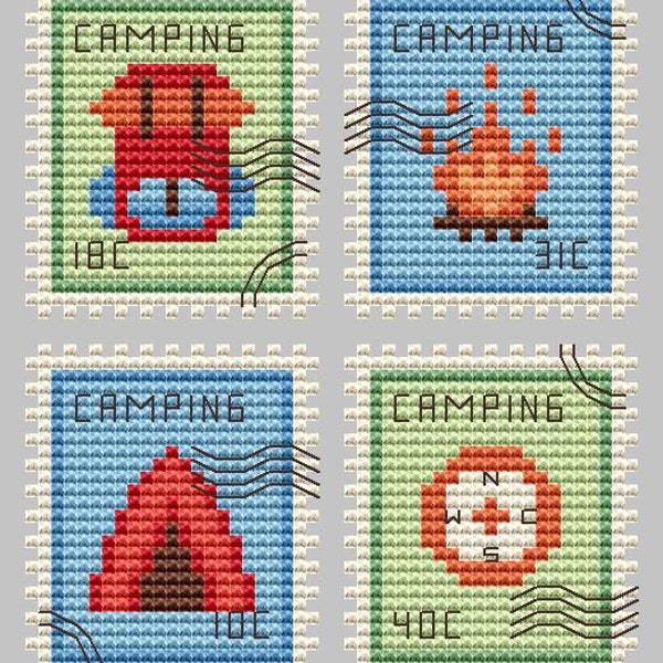 Camping Postage Stamps Cross Stitch Pattern Travel Cross Stitch Adventure Cross Stitch Hiking Cross Stitch Instant Download PDF