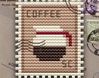 Coffee Pot Stamp Cross Stitch Pattern | French Press Miniature Postal Art (PDF Download)
