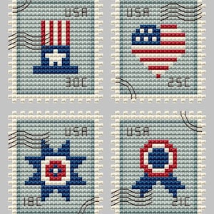 May include: Four postage stamps featuring cross-stitch designs in red, white, and blue. The stamps display a top hat, a heart, a star, and a ribbon rosette. Each stamp includes the text USA and a denomination of 30C, 25C, 18C, or 21C.