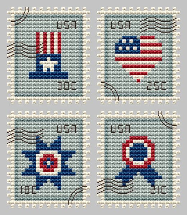 May include: Four postage stamps featuring cross-stitch designs in red, white, and blue. The stamps display a top hat, a heart, a star, and a ribbon rosette. Each stamp includes the text USA and a denomination of 30C, 25C, 18C, or 21C.