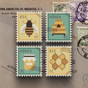 Bee Postage Stamps Cross Stitch Pattern, Honey Bee Sampler (PDF)