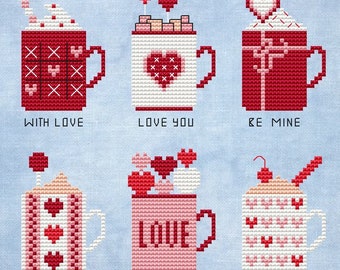 Valentines Day Mugs Cross Stitch Pattern Hearts Cross Stitch Simple Cross Stitch Love Cross Stitch Sampler Cross Stitch Instant Download PDF