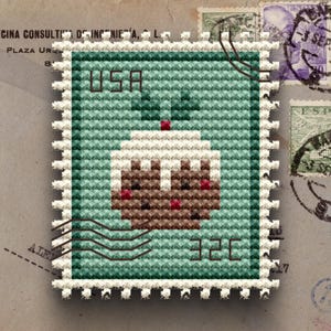 Pudding Postage Stamp Cross Stitch Pattern, Holiday Embroidery (PDF)
