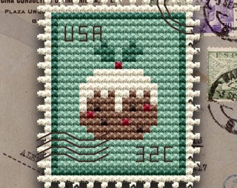 Pudding Postage Stamp Cross Stitch Pattern, Holiday Embroidery (PDF)