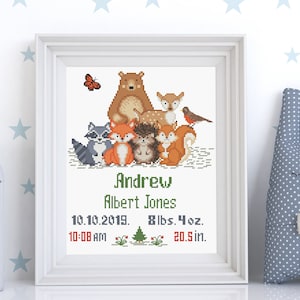 Birth Announcement Cross Stitch Pattern Woodland Animals Birth Record Nursery Cross Stitch Forest Animals Nursery Decor Instant Download PDF