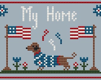 Modèle de point de croix moderne patriotique ma maison point de croix américain chien patriotique cadeau de fête de l'indépendance drapeau américain téléchargement immédiat PDF
