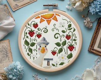Motif de point de croix Récolte de fraises | Art populaire des baies d'été (téléchargement PDF)