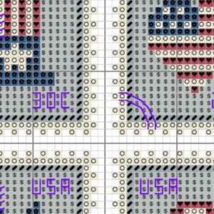 May include: A cross-stitch pattern grid featuring repeating motifs of American flag hearts and stars. The design includes symbols like dollar signs and flower icons in red, white, blue, and grey. The text USA is clearly visible in purple.