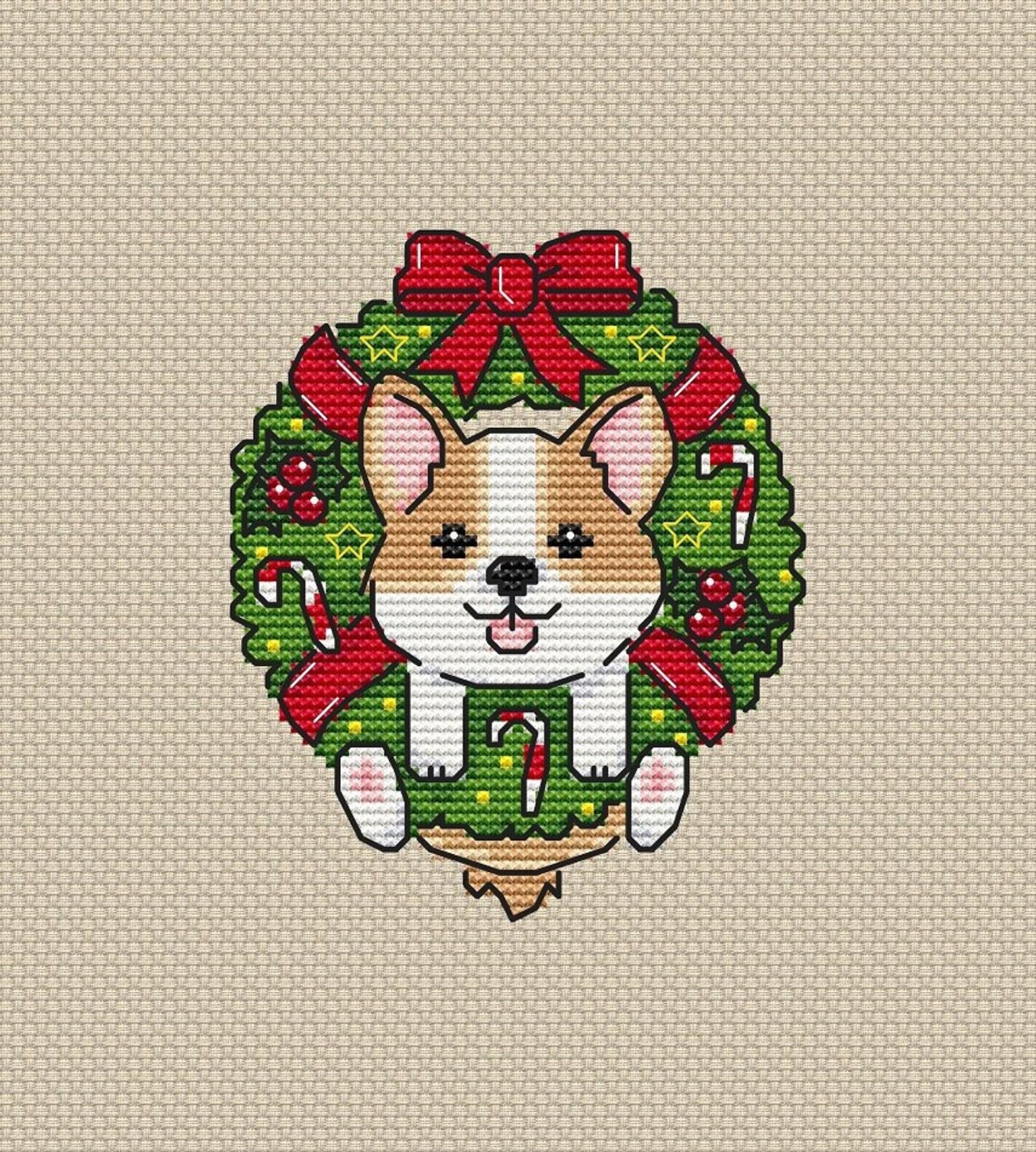 Christmas Wreath With Doggy Cross Stitch Pattern Cute Puppy Cross