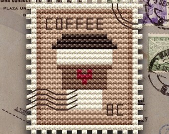 Coffee Cup Stamp Cross Stitch Pattern | Miniature Postal Art (Digital Download)