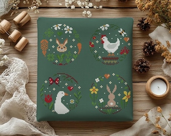 ENSEMBLE de motifs de point de croix couronnes de printemps : broderie animaux (téléchargement PDF)