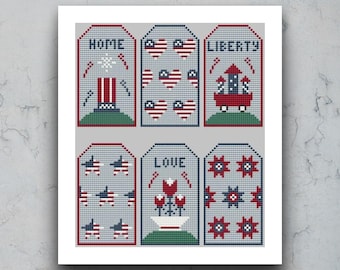 4th of July Patriotic Tags Cross Stitch Pattern (PDF)