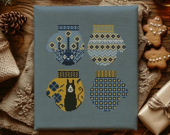 Mittens Cross Stitch Pattern: Black Cat, Christmas Ornaments (PDF Pattern)