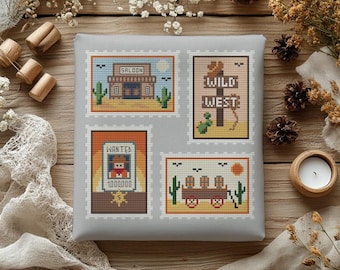 Jeu de tampons western, motif point de croix PDF | Broderie de la collection Far West | vintage série postale de cow-boy | Téléchargement numérique instantané