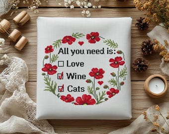 All You Need Is Love Wine Cats Cross Stitch Pattern (PDF)