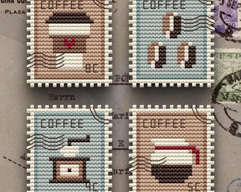 Coffee Postage Stamps Cross Stitch Pattern PDF | Coffee Collection Embroidery | Miniature Postal Series | Instant Digital Download