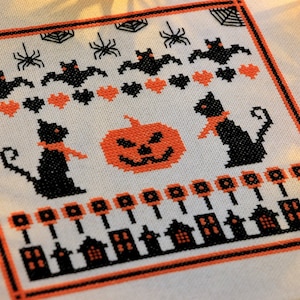 Halloween Primitive Cross Stitch Pattern Cats Cross Stitch Halloween Embroidery Pumpkin Cross Stitch Halloween Sampler Instant Download PDF