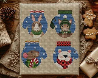 Winter Mittens Animal Cross Stitch Pattern (PDF Download)